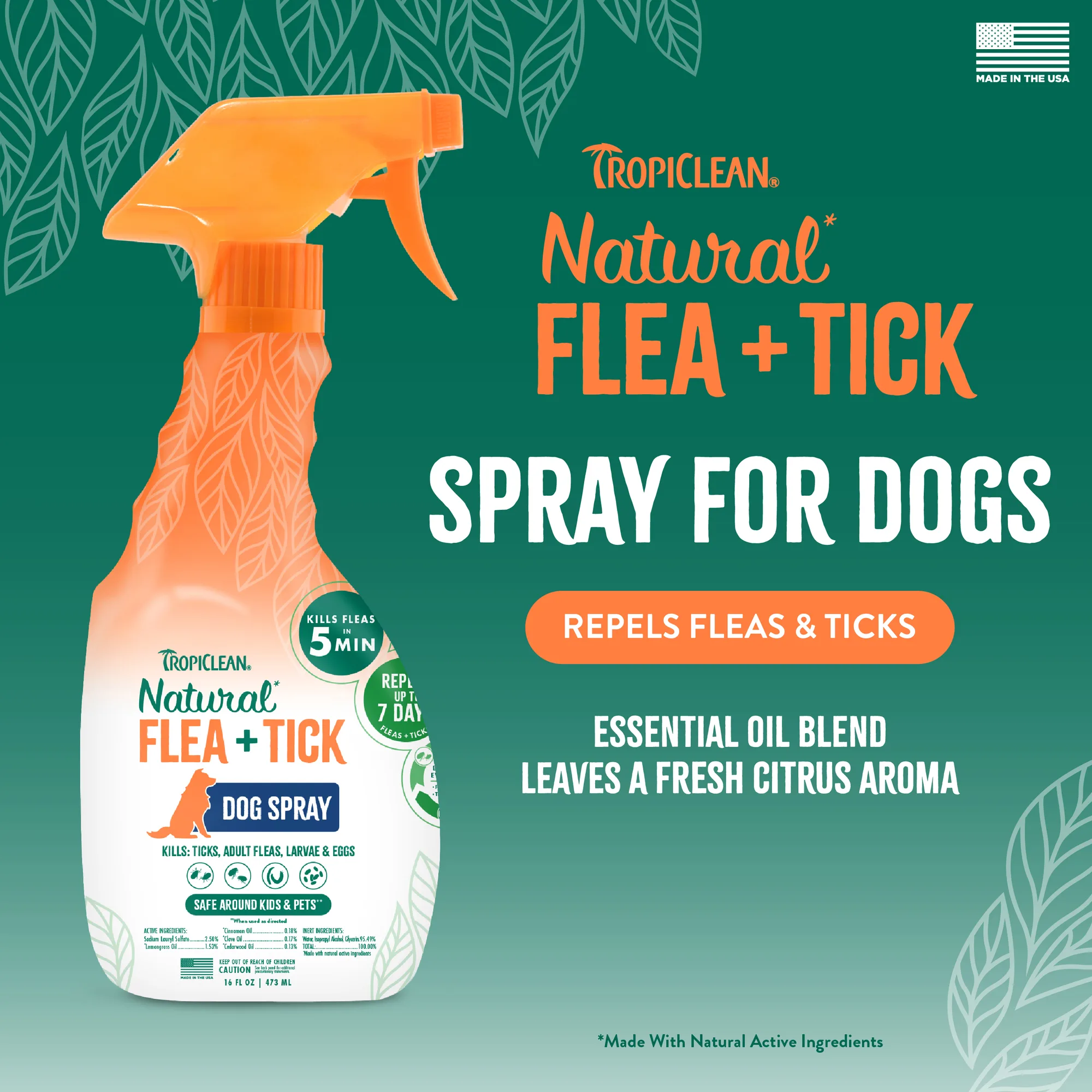 TropiClean Spray Anti Pulgas y Garrapatas para Perros y Camas — Aroma Fresco, 473 ml